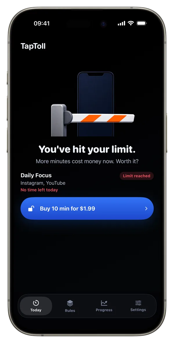TapToll on iPhone: you've hit your daily limit, with the choice to buy ten more minutes or stay focused
