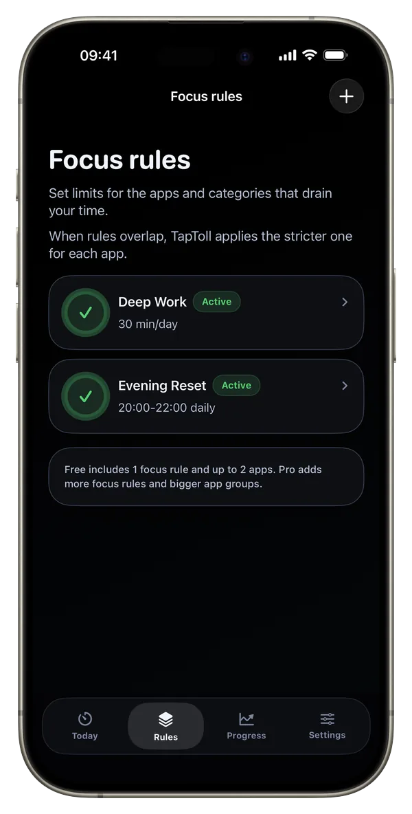 TapToll Focus Rules screen with a daily limit and protected focus hours